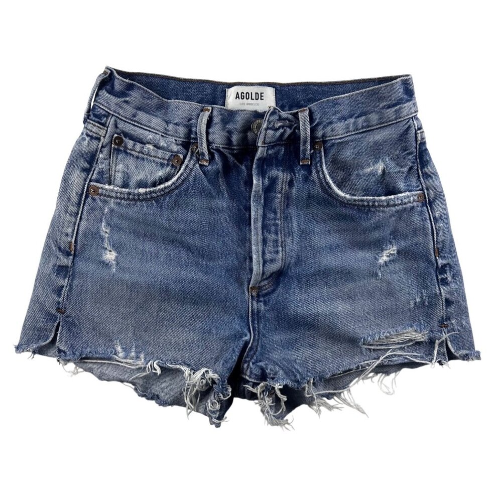 AGOLDE Denim Cutoff Shorts Womens 24 Blue High Rise Button Fly Distressed - Picture 6 of 9